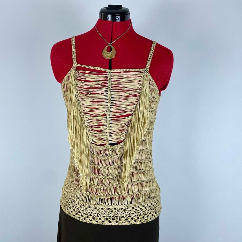 Y2K Gold Crochet Fringe Tank Top